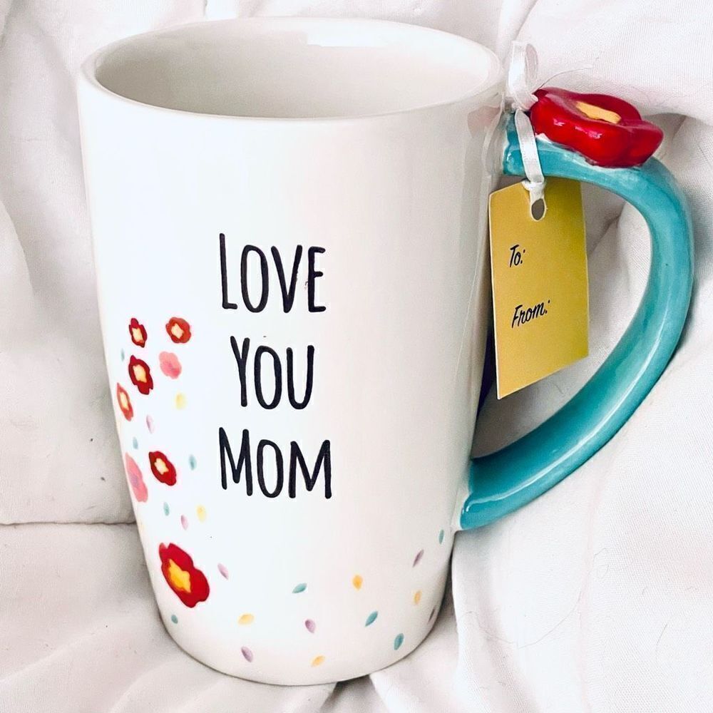 NWT Gorgeous LANG LOVE YOU MOM Hand Painted White Speckled Glossy Ceramic Mug